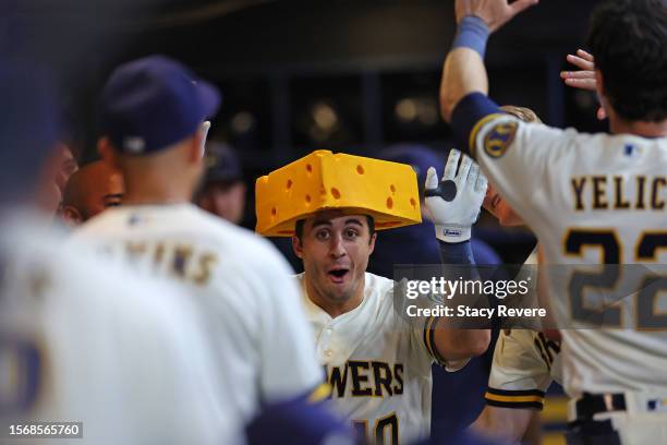 Sal Frelick of the Milwaukee Brewers celebrates a home run against the Cincinnati Reds during the sixth inning at American Family Field on July 24,...