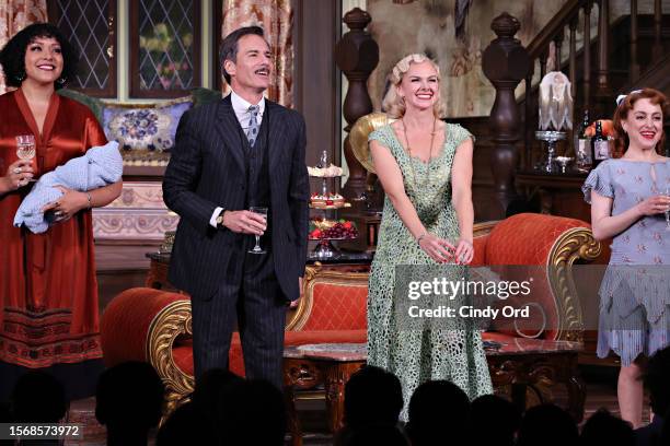 Lilli Cooper, Eric McCormack, Laura Bell Bundy and Dana Steingold take part in the curtain call during "The Cottage" Broadway Opening Night at Hayes...