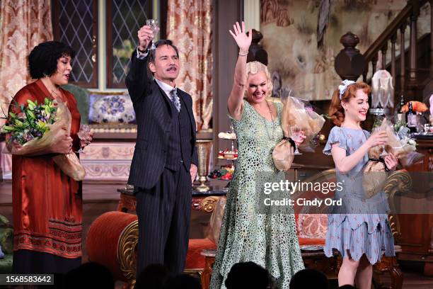 Lilli Cooper, Eric McCormack, Laura Bell Bundy and Dana Steingold take part in the curtain call during "The Cottage" Broadway Opening Night at Hayes...