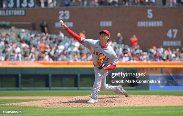 Shohei Ohtani of the Los Angeles Angels pitches during the 7th inning of game one of a doubleheader against the Detroit Tigers at Comerica Park on...