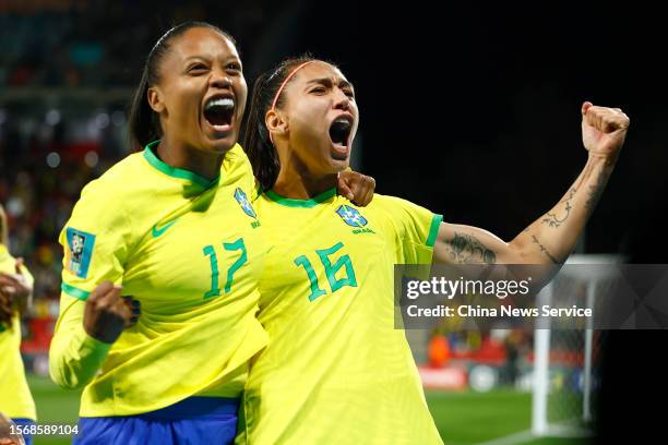 Bia Zaneratto and Ary Borges of Brazil celebrate scoring a goal during the FIFA Women's World Cup Australia & New Zealand 2023 Group F match between...