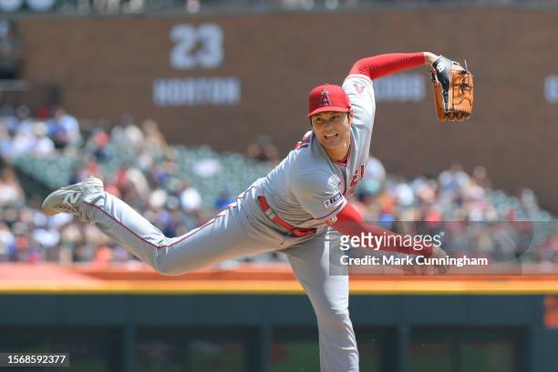 Shohei Ohtani of the Los Angeles Angels pitches during the 4th inning of game one of a doubleheader against the Detroit Tigers at Comerica Park on...