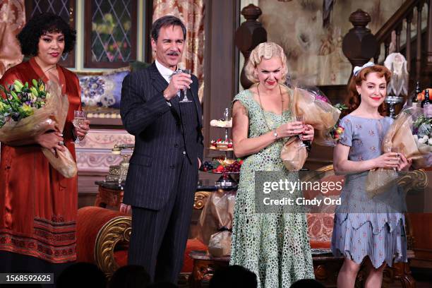 Lilli Cooper, Eric McCormack, Laura Bell Bundy and Dana Steingold take part in the curtain call during "The Cottage" Broadway Opening Night at Hayes...