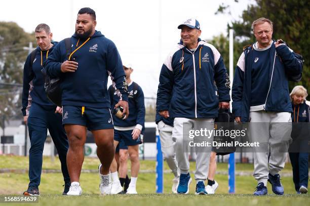 Taniela Tupou of the Wallabies and Wallabies head coach Eddie Jones arrive during an Australia Wallabies training session at Brighton Grammar School...