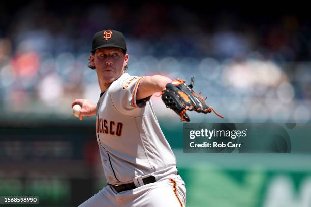 Anthony DeSclafani of the San Francisco Giants pitches to a Washington Nationals batter in the second inning at Nationals Park on July 23, 2023 in...