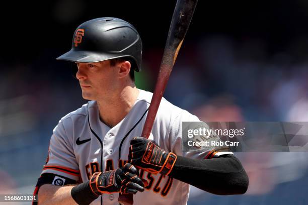 Mike Yastrzemski of the San Francisco Giants bats against the Washington Nationals in the second inning at Nationals Park on July 23, 2023 in...