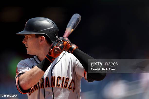 Mike Yastrzemski of the San Francisco Giants bats against the Washington Nationals in the second inning at Nationals Park on July 23, 2023 in...