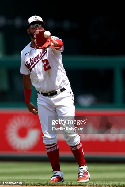 Luis Garcia of the Washington Nationals makes a catch against the San Francisco Giants at Nationals Park on July 23, 2023 in Washington, DC.