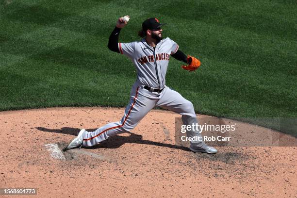 Jakob Junis of the San Francisco Giants pitches to a Washington Nationals batter at Nationals Park on July 23, 2023 in Washington, DC.