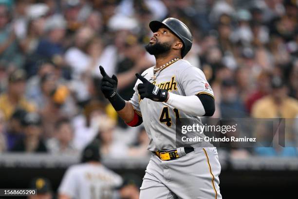 Carlos Santana of the Pittsburgh Pirates celebrates his two-run home run against the San Diego Padres in the third inning at PETCO Park on July 24,...