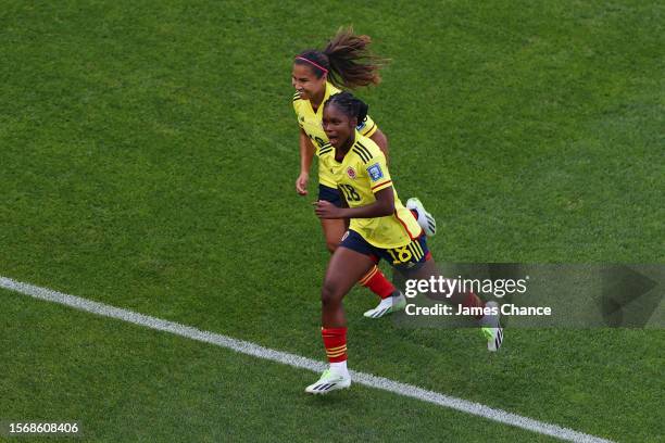 Linda Caicedo of Colombia celebrates with teammate Leicy Santos after scoring her team's second goal during the FIFA Women's World Cup Australia &...