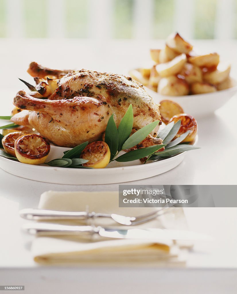 Lemon, herb roasted chicken with roasted potatoes.