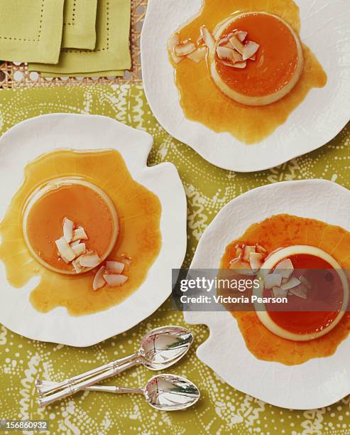 coconut flan with toasted coconut on top. - pudim-de-leite imagens e fotografias de stock