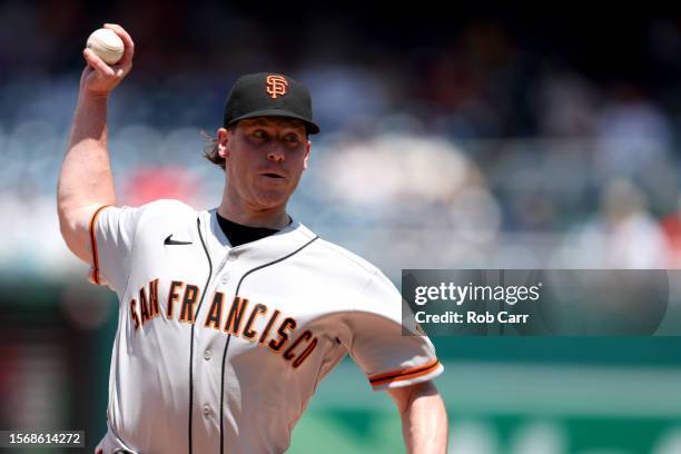 Anthony DeSclafani of the San Francisco Giants pitches to a Washington Nationals batter in the second inning at Nationals Park on July 23, 2023 in...