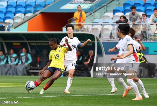 Linda Caicedo of Colombia scores her team's second goal during the FIFA Women's World Cup Australia & New Zealand 2023 Group H match between Colombia...