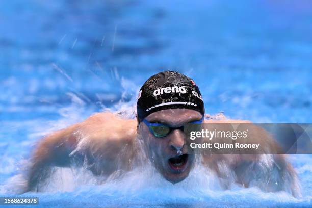 Lewis Clareburt of Team New Zealand competes in the Men's 200m Butterfly Heats on day three of the Fukuoka 2023 World Aquatics Championships at...