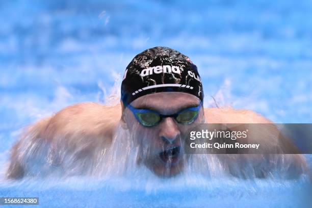 Lewis Clareburt of Team New Zealand competes in the Men's 200m Butterfly Heats on day three of the Fukuoka 2023 World Aquatics Championships at...