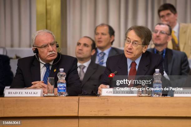 Palestinian Foreign Minister Riad Malki attends a ministerial committee with Italian Foreign Minister Giulio Terzi at Farnesina on November 23, 2012...