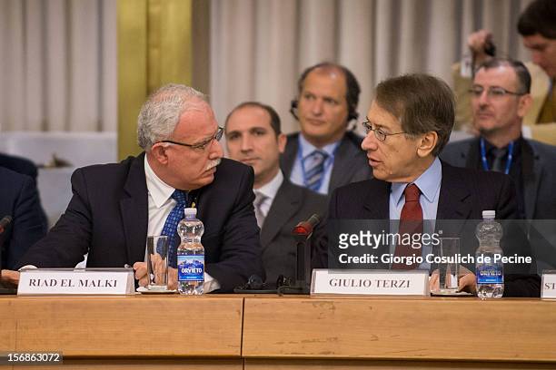 Palestinian Foreign Minister Riad Malki attends a ministerial committee with Italian Foreign Minister Giulio Terzi at Farnesina on November 23, 2012...