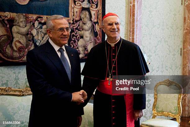 Vatican Secretary of State cardinal Tarcisio Bertone meets with Lebanon President Michel Sleiman on November 23, 2012 in Vatican City, Vatican. The...