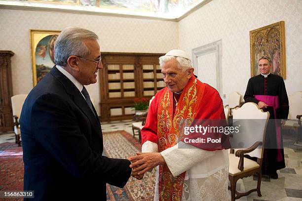 Pope Benedict XVI meets with Lebanon President Michel Sleiman at his private library on November 23, 2012 in Vatican City, Vatican. The meeting comes...