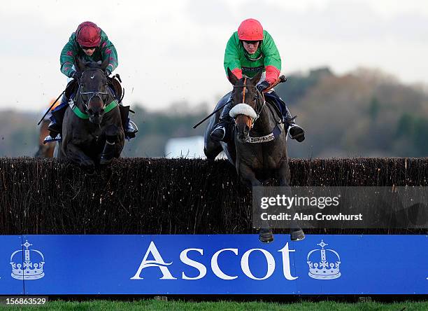 Nick Schofield riding The Rainbow Hunter clear the last to win The Mitie Events & Leisure Handicap Steeple Chase from Loch Ba at Ascot racecourse on...