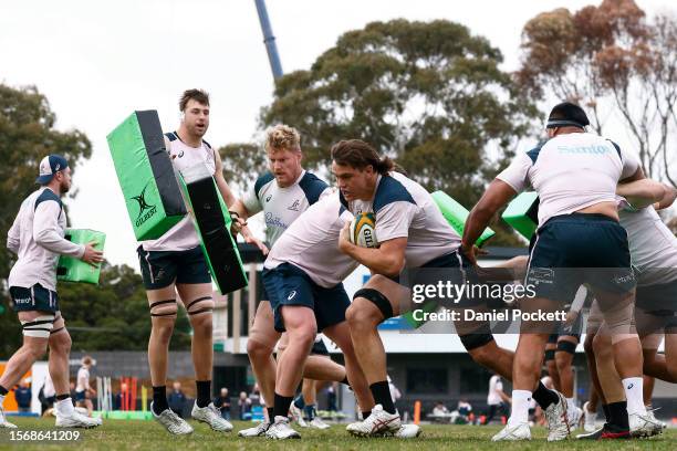 Tom Hooper of the Wallabies in action during an Australia Wallabies training session at Brighton Grammar School on July 25, 2023 in Melbourne,...