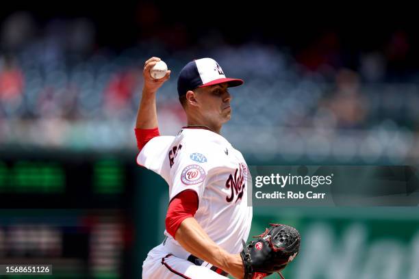 MacKenzie Gore of the Washington Nationals pitches to a San Francisco Giants batter in the second inning at Nationals Park on July 23, 2023 in...