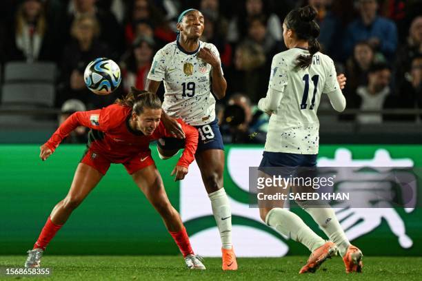 S defender Crystal Dunn and USA's forward Sophia Smith fight for the ball during the Australia and New Zealand 2023 Women's World Cup Group E...