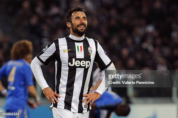 Mirko Vucinic of Juventus reacts during the UEFA Champions League Group E match between Juventus and Chelsea FC at Juventus Arena on November 20,...
