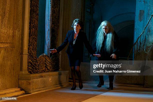 Carmen Maura and Terele Pavez attend "Las Brujas de Zugarramurdi" on set filming at Palacio del Infante Don Luis on November 23, 2012 in Madrid,...