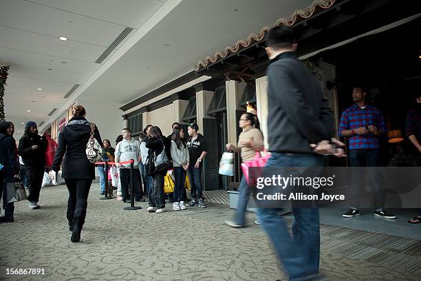 Shoppers wait in line outside of the Hollister store during Black Friday sales at the South Shore Plaza on November 23, 2012 in Braintree,...