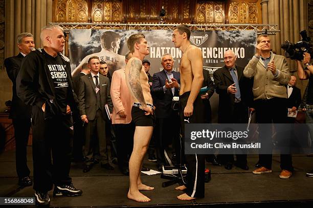 Boxer Ricky Hatton weighs in prior to his bout with Vyacheslav Senchenko at at the Manchester Town Hall on November 23, 2012 in Manchester, England....
