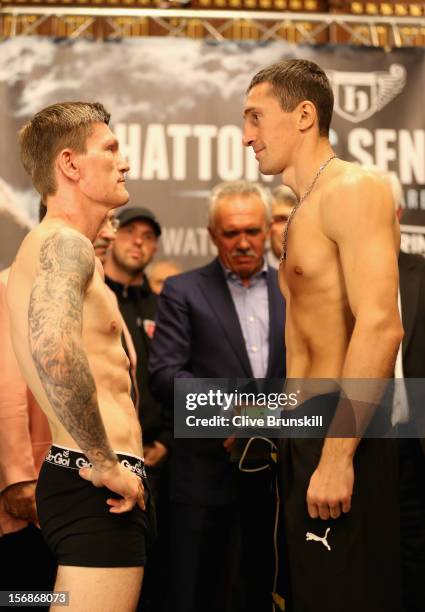 Boxer Ricky Hatton goes head to head prior to his bout with Vyacheslav Senchenko at at the Manchester Town Hall on November 23, 2012 in Manchester,...