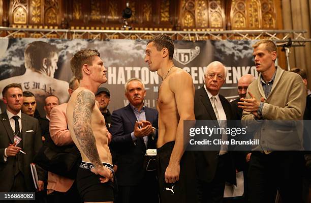 Boxer Ricky Hatton goes head to head prior to his bout with Vyacheslav Senchenko at at the Manchester Town Hall on November 23, 2012 in Manchester,...
