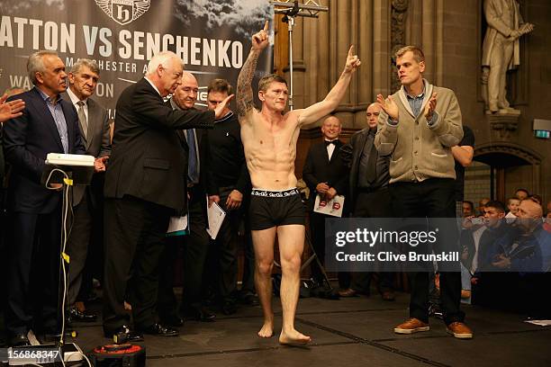 Boxer Ricky Hatton walks on stage to weigh in prior to his bout with Vyacheslav Senchenko at at the Manchester Town Hall on November 23, 2012 in...