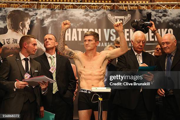 Boxer Ricky Hatton weighs in prior to his bout with Vyacheslav Senchenko at at the Manchester Town Hall on November 23, 2012 in Manchester, England....