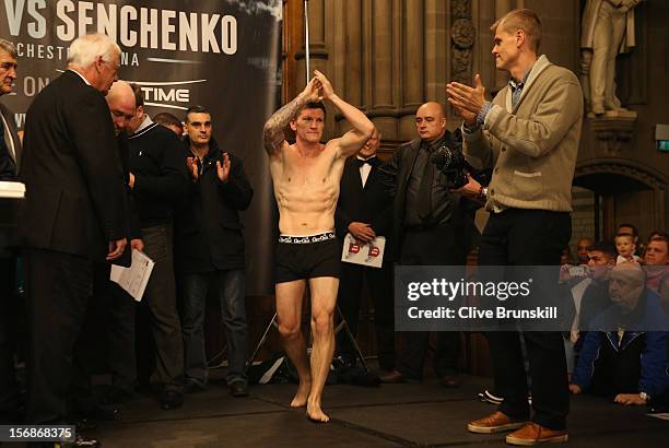 Boxer Ricky Hatton walks on stage to weigh in prior to his bout with Vyacheslav Senchenko at at the Manchester Town Hall on November 23, 2012 in...