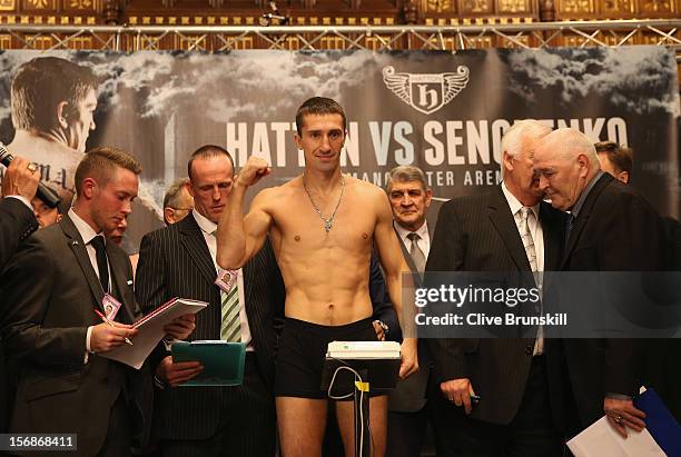 Boxer Vyacheslav Senchenko weighs in prior to his bout with Ricky Hatton at at the Manchester Town Hall on November 23, 2012 in Manchester, England....