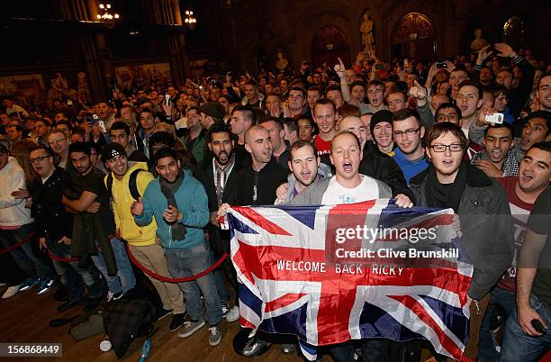 Fans of boxer Ricky Hatton give their support during his weigh in prior to his bout with Vyacheslav Senchenko at at the Manchester Town Hall on...