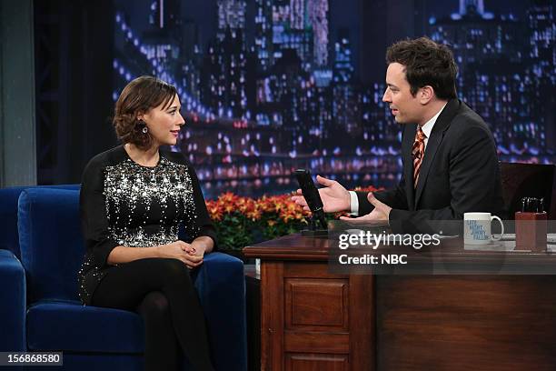 Episode 741 -- Pictured: Rashida Jones during an interview with host Jimmy Fallon on November 22, 2012 --