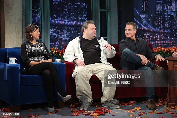 Episode 741 -- Pictured: Rashida Jones, Artie Lange, and Nick Dipaolo during an interview on November 22, 2012 --