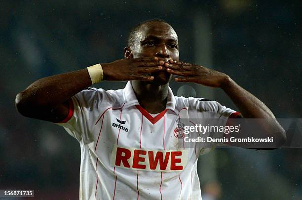 Anthony Ujah of Cologne celebrates after scoring his team's third goal during the Second Bundesliga match between 1. FC Koeln and VfL Bochum at...
