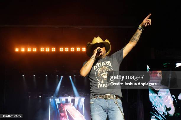 Jason Aldean performs onstage at Country Thunder Wisconsin - Day 3 on July 22, 2023 in Twin Lakes, Wisconsin.