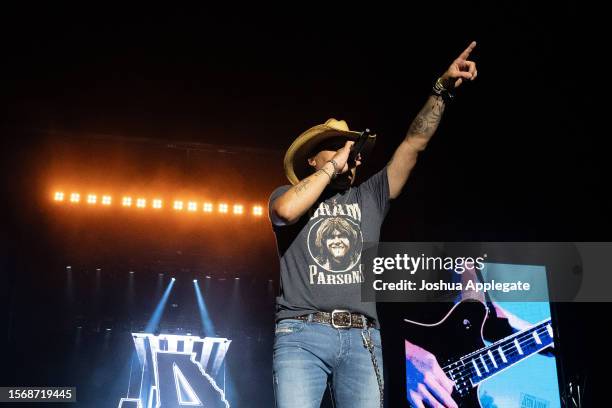 Jason Aldean performs onstage at Country Thunder Wisconsin - Day 3 on July 22, 2023 in Twin Lakes, Wisconsin.