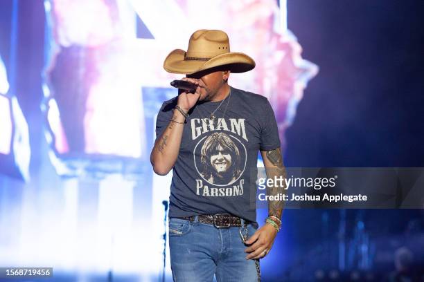 Jason Aldean performs onstage at Country Thunder Wisconsin - Day 3 on July 22, 2023 in Twin Lakes, Wisconsin.
