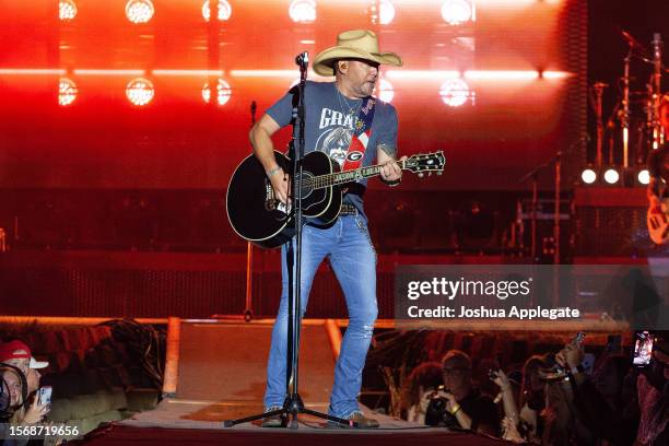 Jason Aldean performs onstage at Country Thunder Wisconsin - Day 3 on July 22, 2023 in Twin Lakes, Wisconsin.