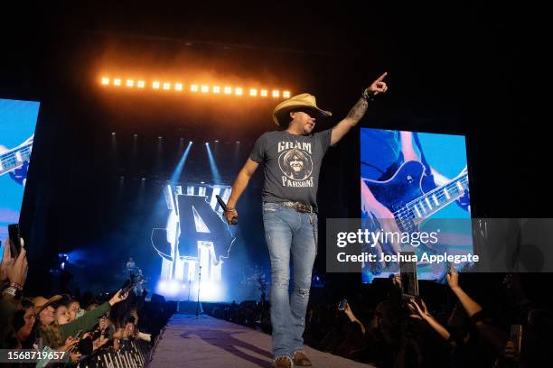 Jason Aldean performs onstage at Country Thunder Wisconsin - Day 3 on July 22, 2023 in Twin Lakes, Wisconsin.