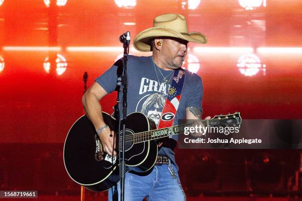 Jason Aldean performs onstage at Country Thunder Wisconsin - Day 3 on July 22, 2023 in Twin Lakes, Wisconsin.