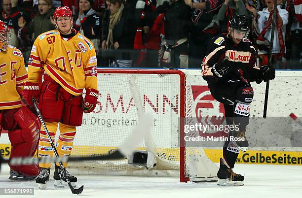 Ivan Ciernik of Hannover celebrates after he scores his team's opening goal during the DEL match between Hannover Scorpions and Duesseldorfer EG at...